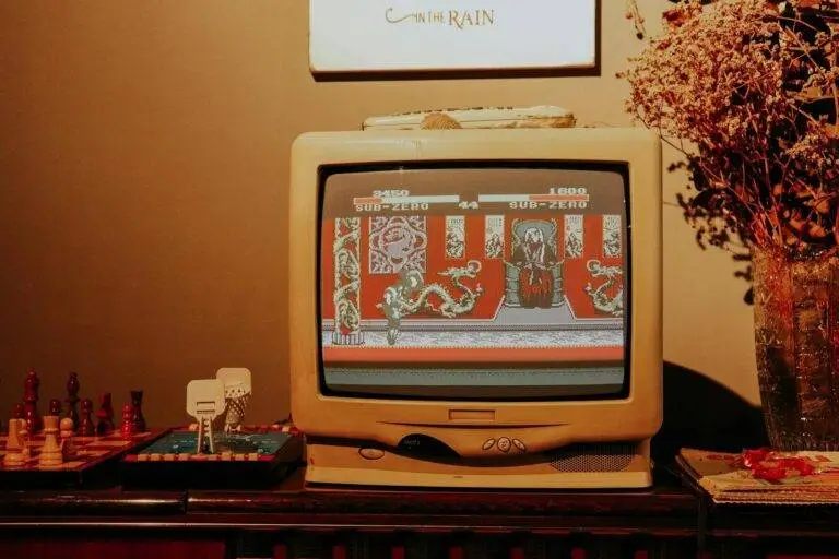 Retro living room scene featuring vintage TV playing classic video game.